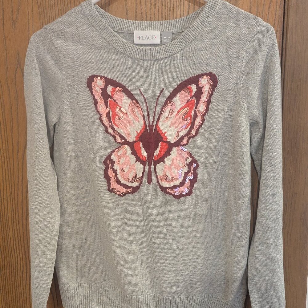The Children's Place Butterfly Bedazzled Gray Sweater-Girls Size XL-14